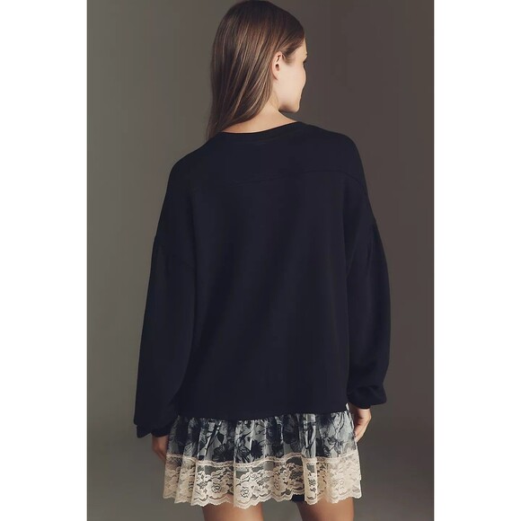 By Anthropologie Tulle-Hem Pullover Sweatshirt Top Cotton Black 1XPS NEW 283847 - Picture 4 of 8